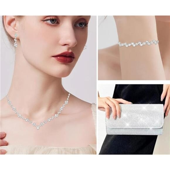 Bridal Jewelry Set Necklace Earrings Bracelet Crystal Wedding Accessories Women - Picture 3 of 8